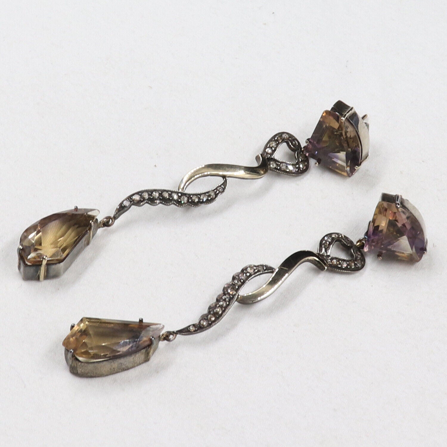 Natural Ametrine Multi Cut 18K Gold Diamond & 925 Silver Victorian Earring