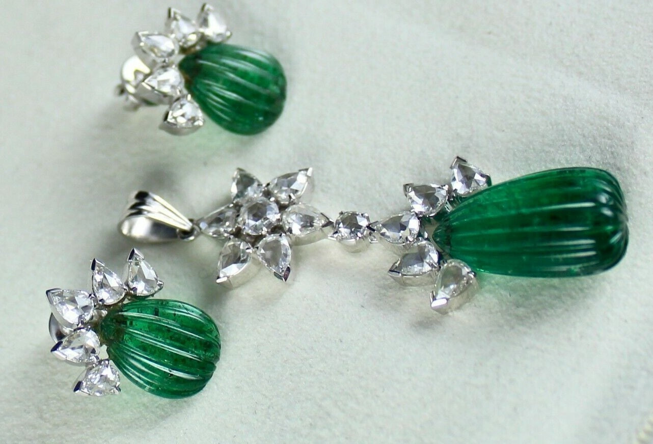 Certified Natural Emerald 10ct & Diamond Rose Cut Pendant Earring 18k Gold Set