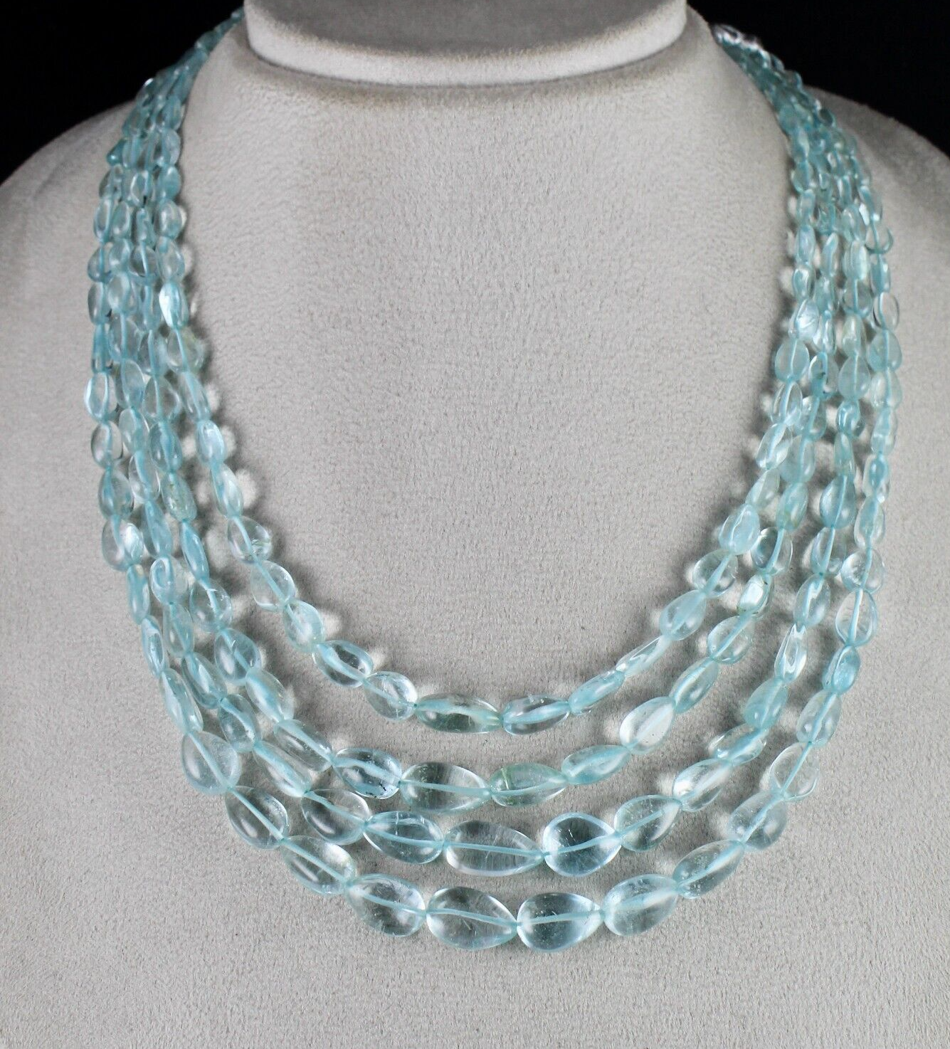 NATURAL BLUE TOPAZ BEADS DROPS 4 LINE 613 CARATS GEMSTONE BEADED FINE NECKLACE
