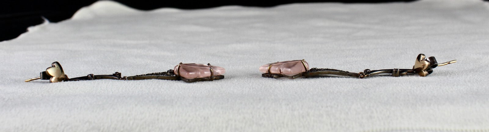 Natural Rose Quartz 54.1ct Carved Leaf Diamond 18k Gold 925 Silver Earrings