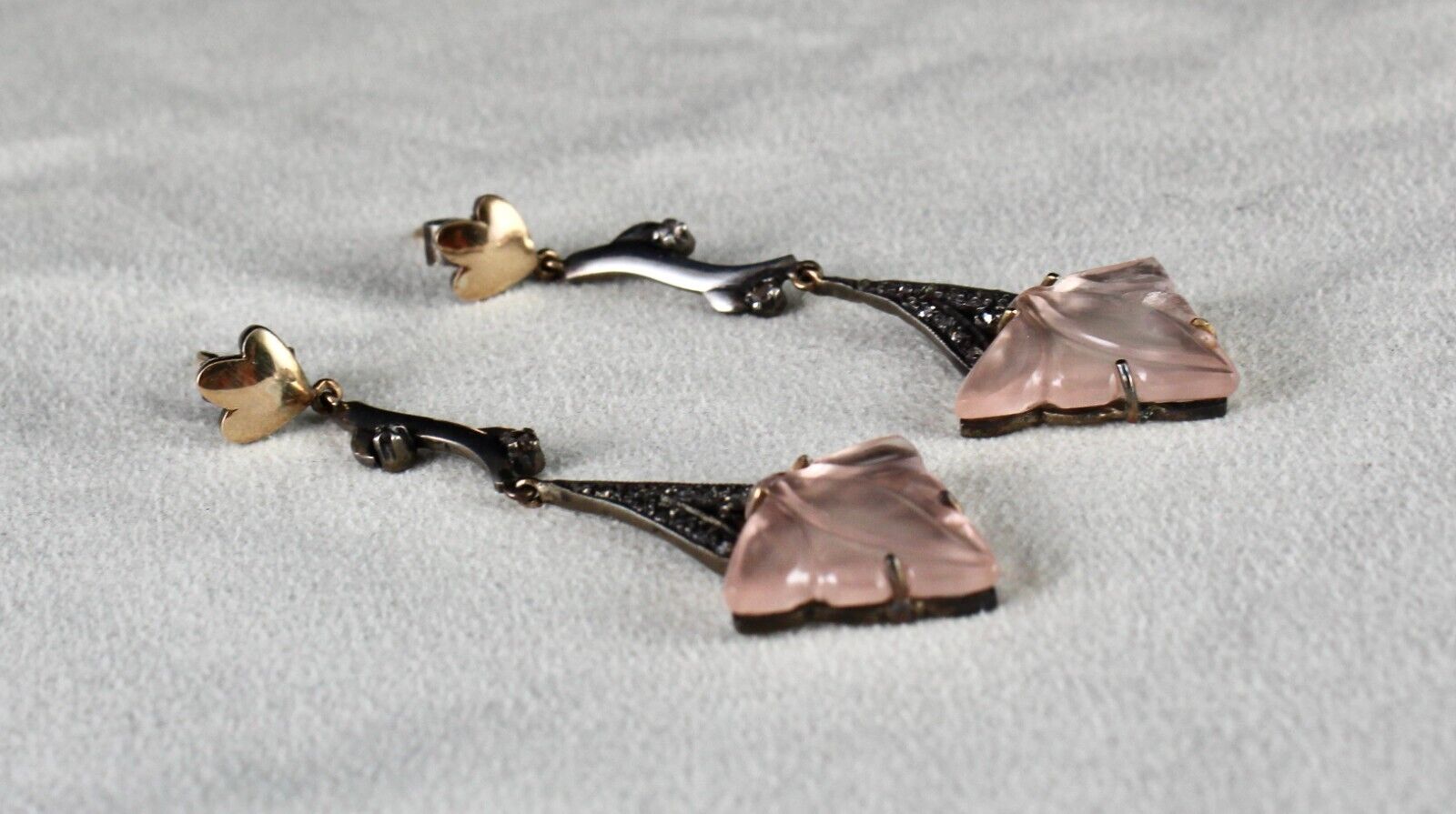 NATURAL ROSE QUARTZ CARVED LEAF DIAMOND 18K GOLD 925 SILVER VICTORIAN EARRING