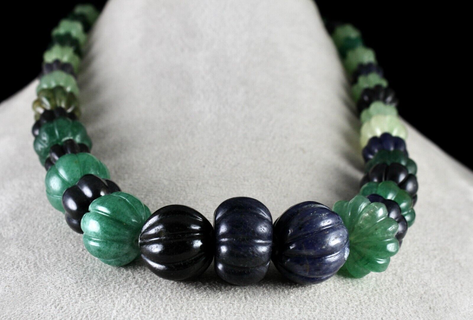 Natural Multi Jade Melon Carved Beads 960 Ct Blue Green Gemstone Silver Necklace