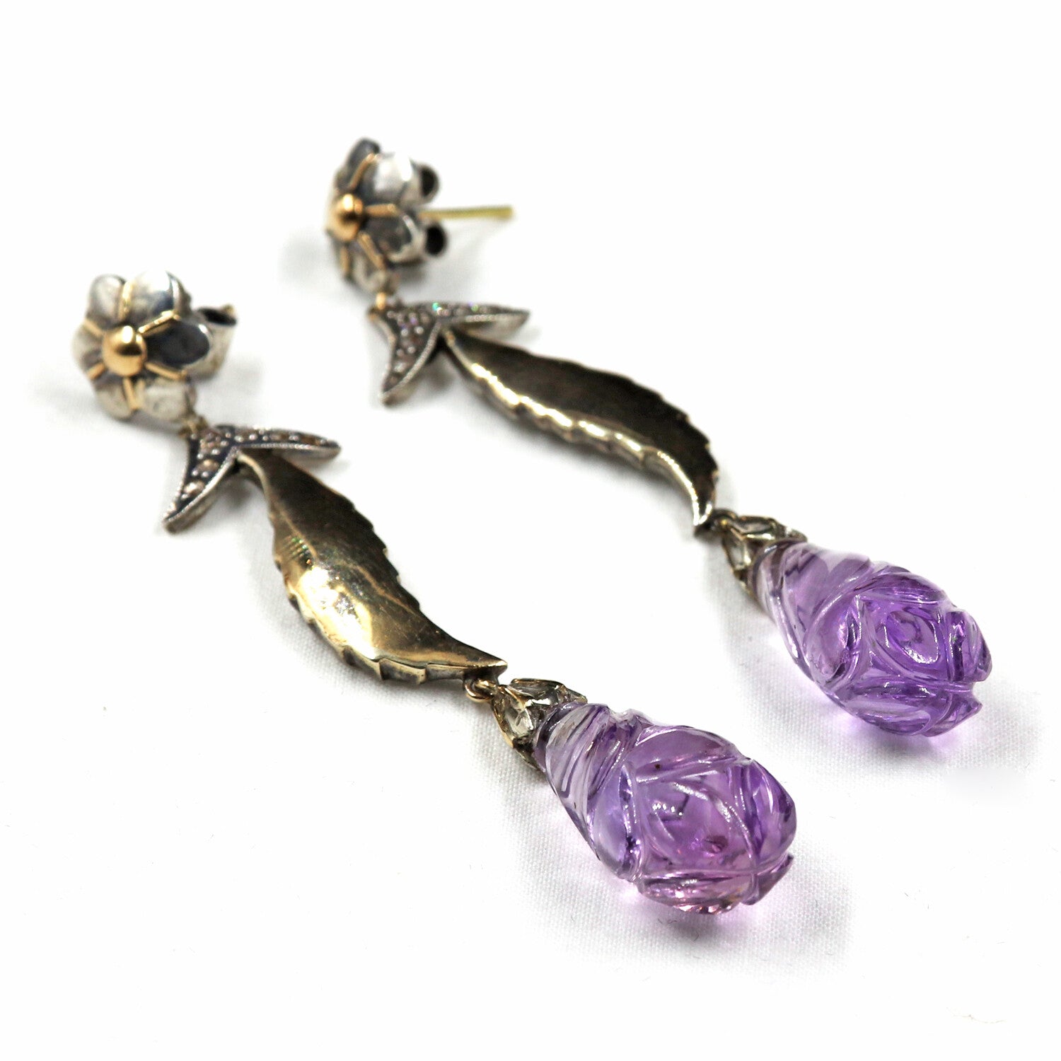 Victorian 18k Gold & 925 Sterling Silver Amethyst 10ct Natural Diamond Earring