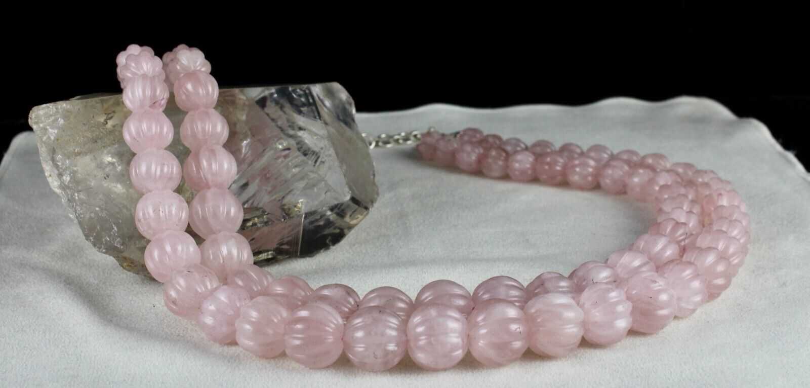 Vintage Natural Rose Quartz Melon Carved Beads 1436 Ct Gemstone Silver Necklace