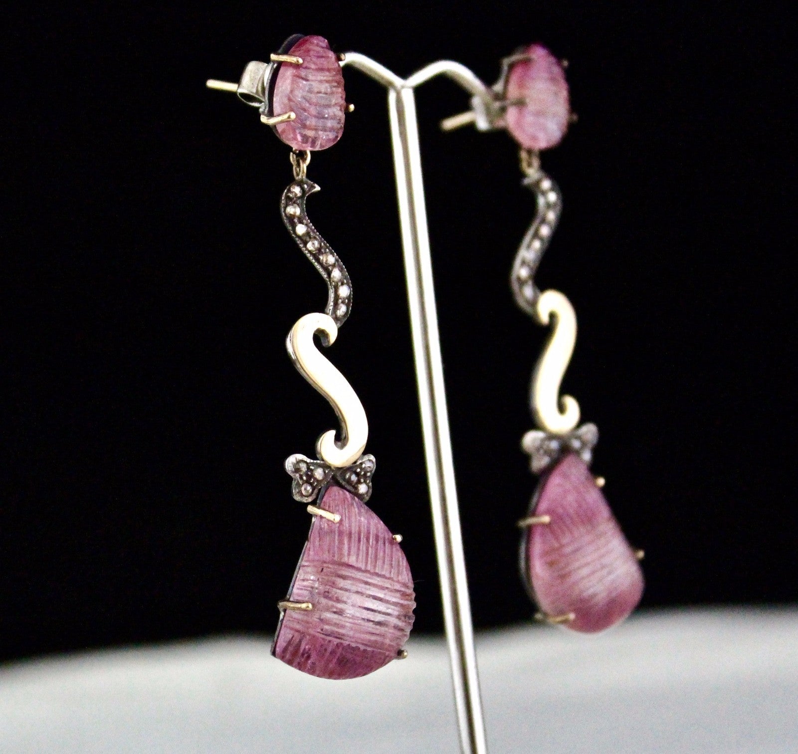 Victorian Pink Tourmaline 10ct Natural Diamond 18k Gold Sterling Silver