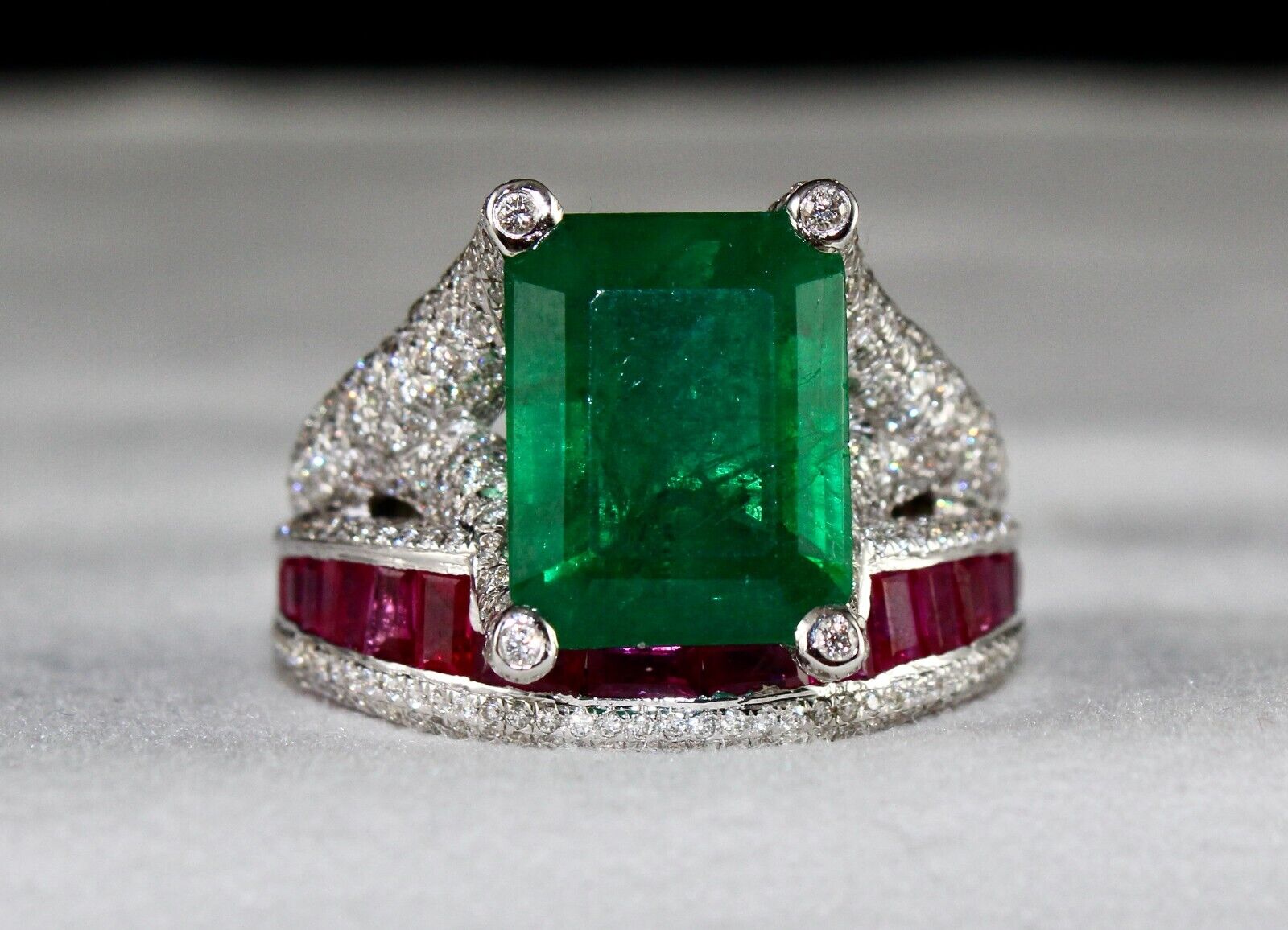 Zambia Emerald Octagon Ruby Cut Diamond Cocktail Ring, 18K Gold Statement Ring