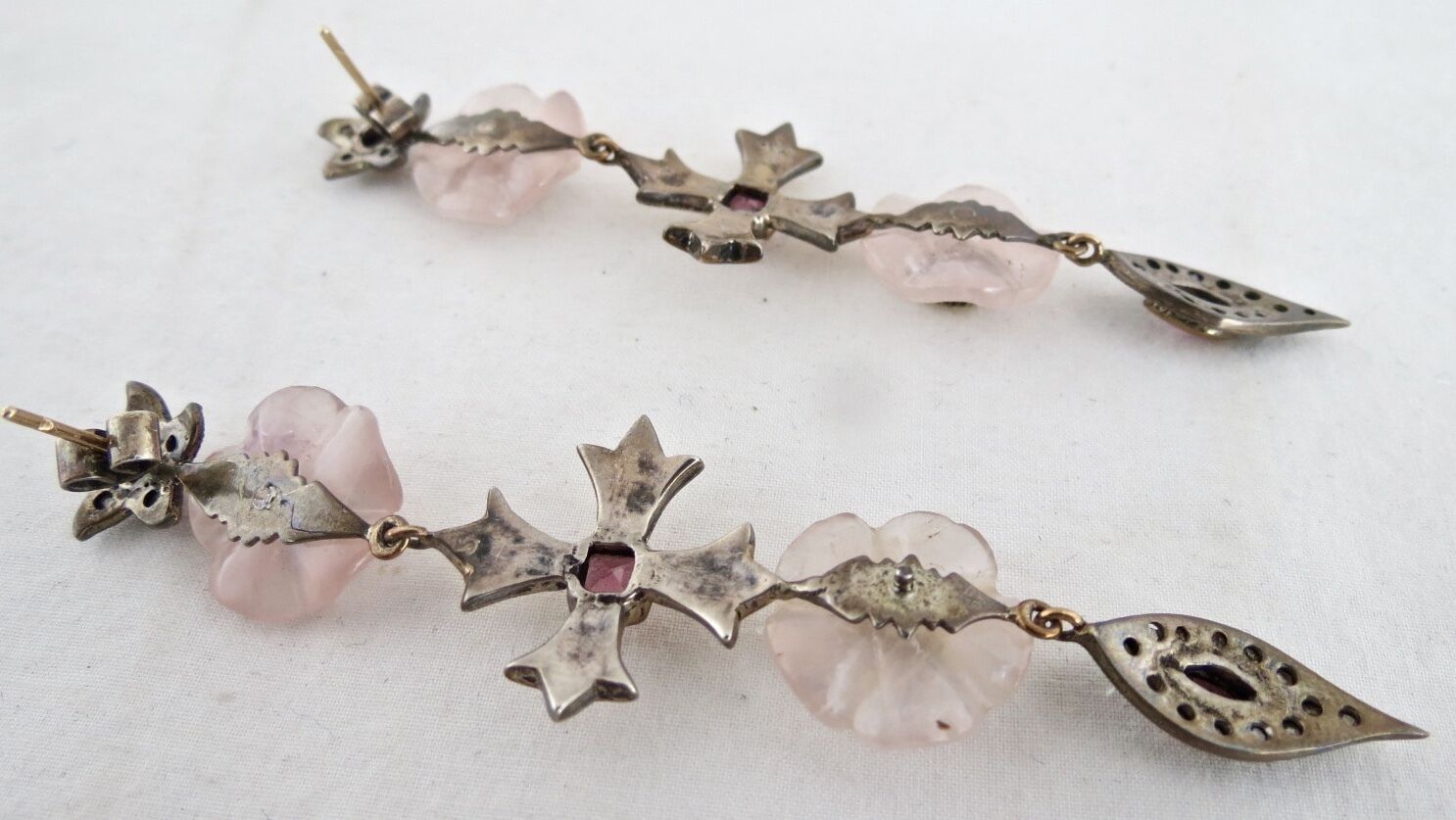 Natural Rose Quartz Carved Garnet Diamond 18K Gold 925 Silver Victorian Earring