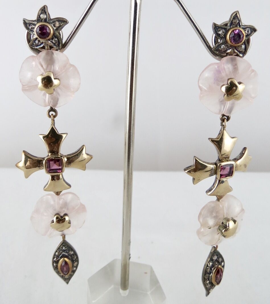 Natural Rose Quartz Carved Garnet Diamond 18K Gold 925 Silver Victorian Earring