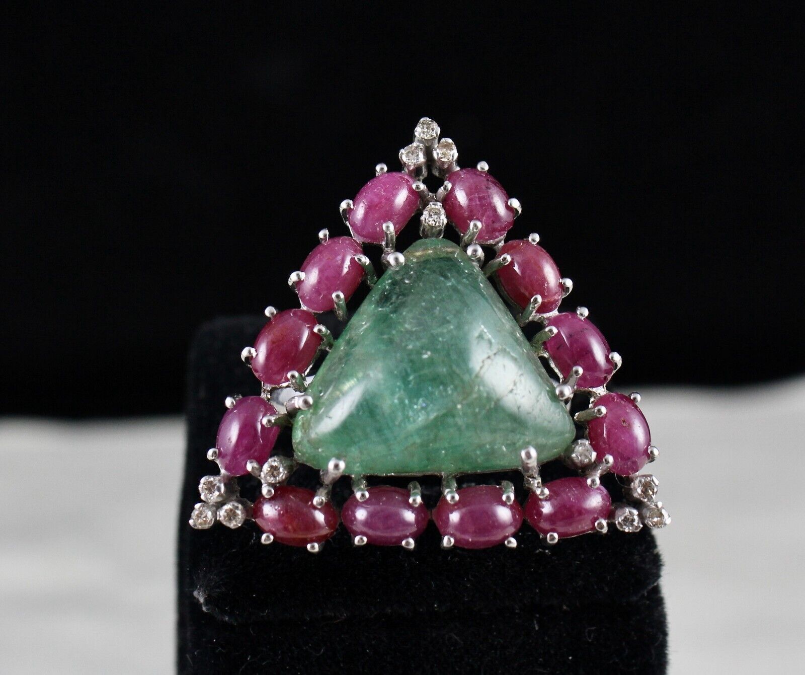 Antique Natural Emerald Ruby Cabochon Gemstone Diamond Silver Big Cocktail Ring