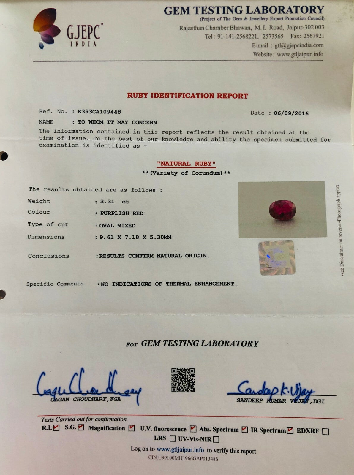 Certified Gtl Natural Unheat Burma Ruby 3.31 Ct Oval Cut For Ring Pendant