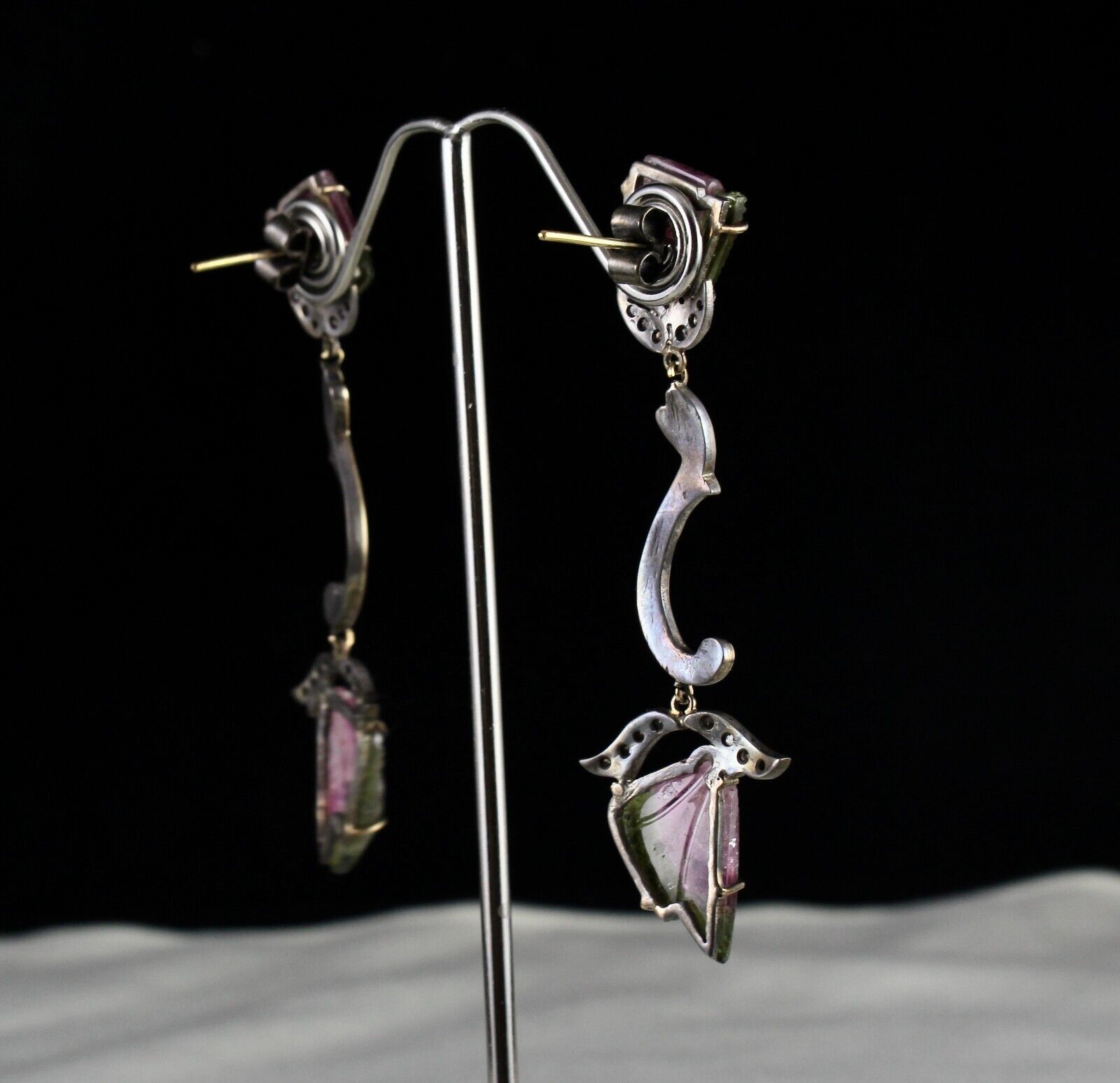 NATURAL MULTI TOURMALINE GEMSTONE DIAMOND 18K GOLD 925 SILVER VICTORIAN EARRING
