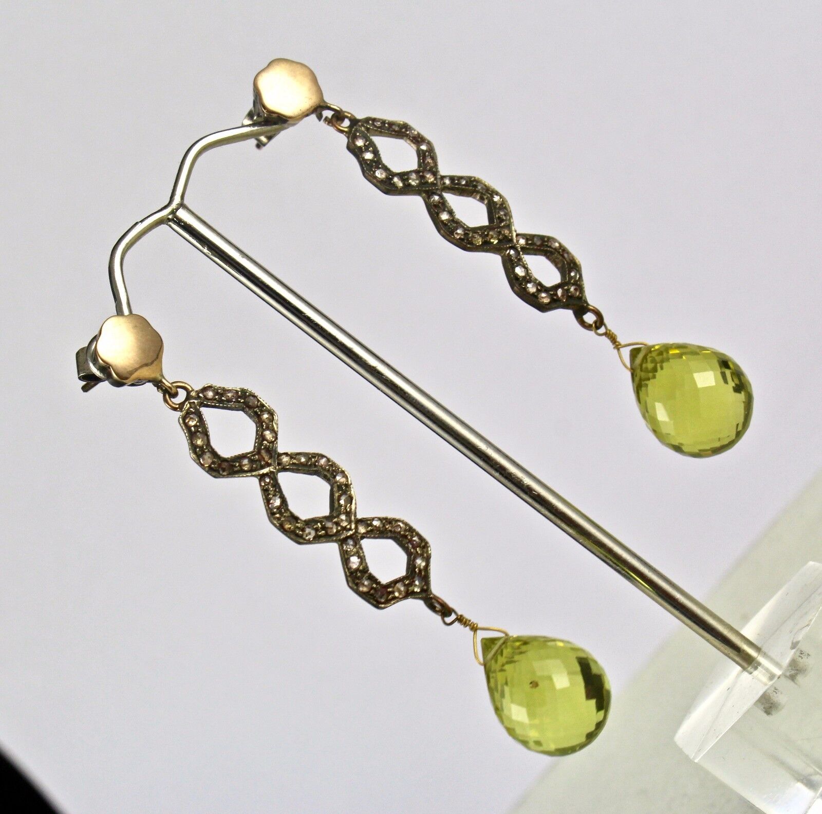 Estate Lemon Quartz Briolette Diamond 18K Gold Silver Party Victorian Earring