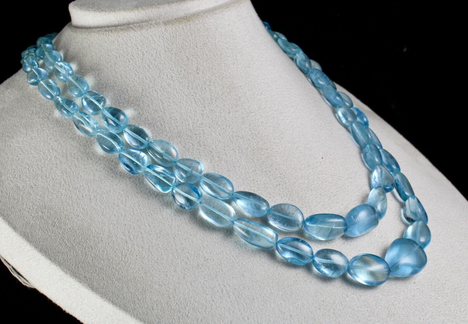 TOP NATURAL BLUE AQUAMARINE BEADS CABOCHON 2 LINE 628 CARATS GEMSTONE NECKLACE