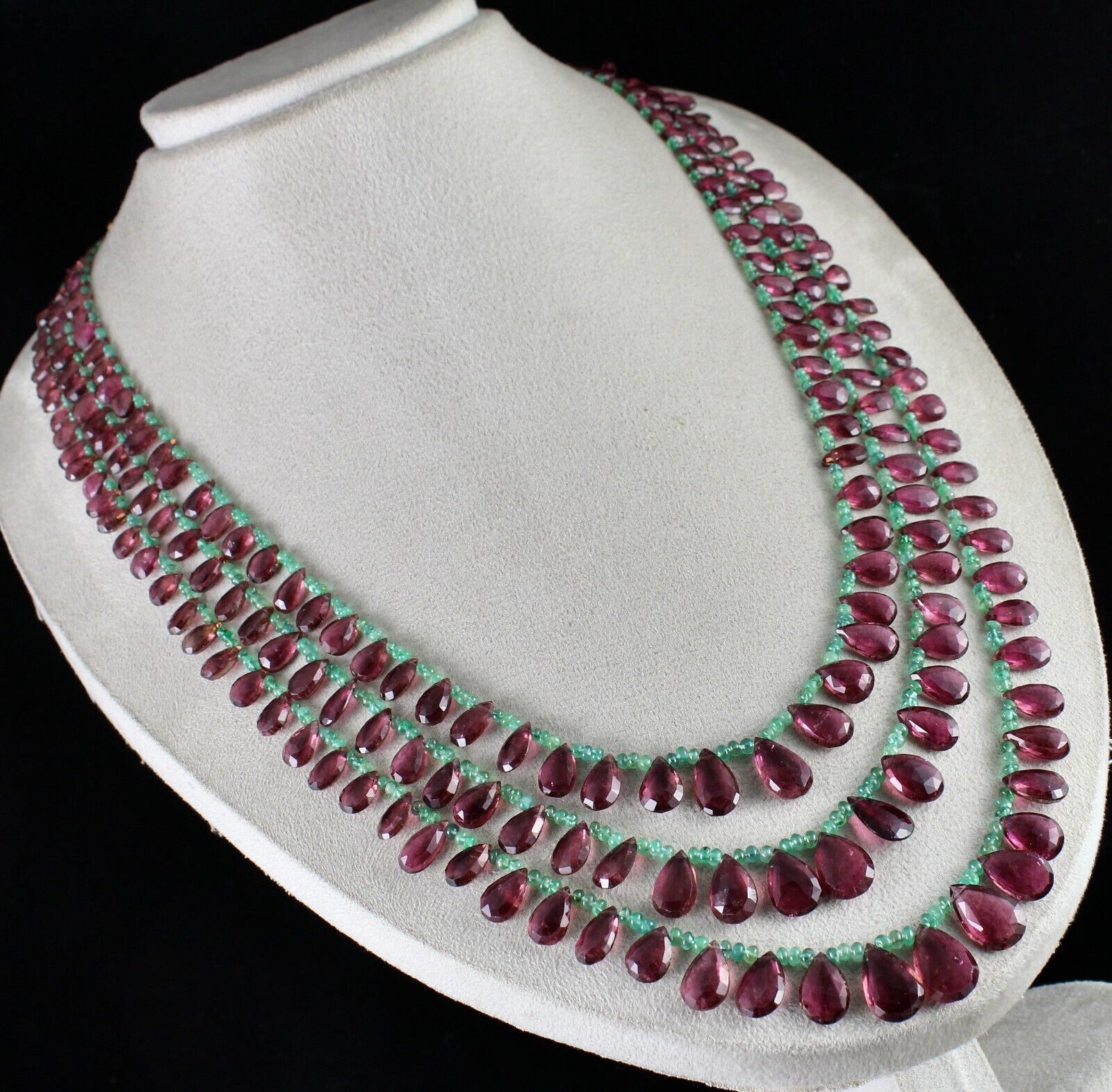 NATURAL TOURMALINE RUBELLITE TEARDROPS EMERALD BEADED 3L 596 CT FINEST NECKLACE