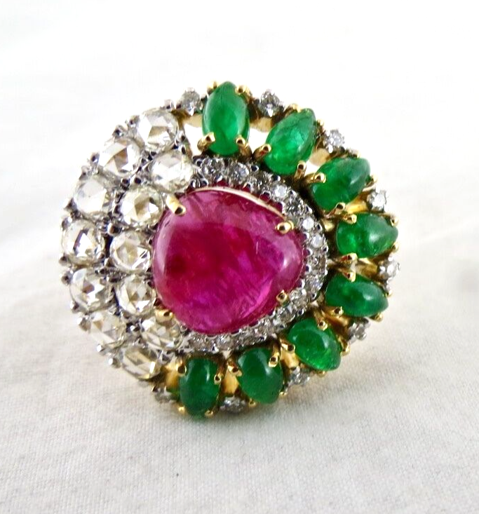 Natural Burma Ruby Zambia Emerald Cabochon White Diamond 18K Gold Statement Ring