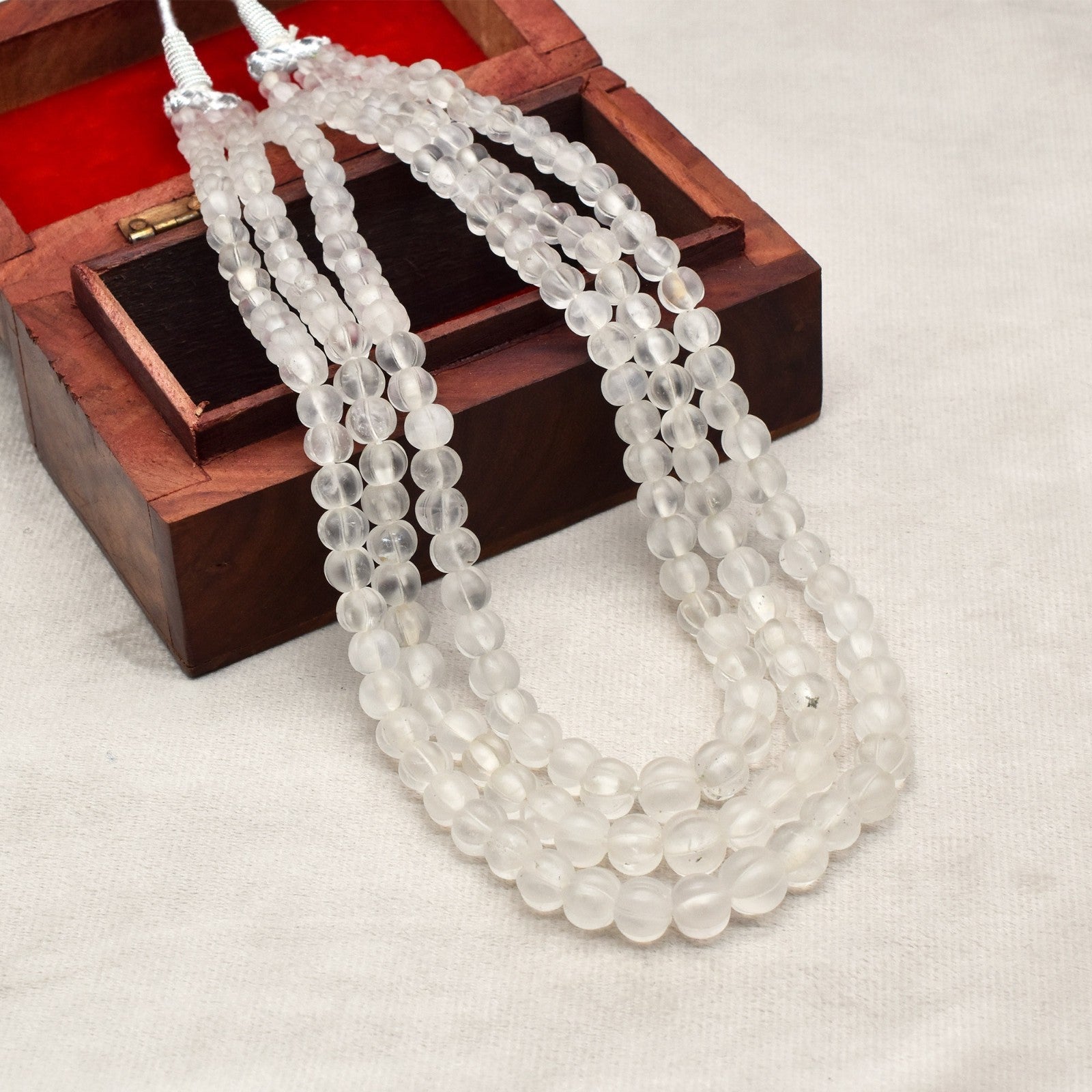 Natural Rock Crystal Quartz 626 Ct Carved Melon Frost Beads Necklace