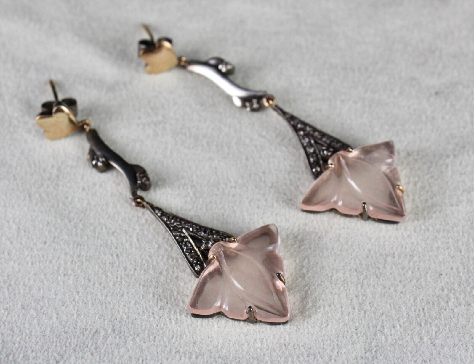 NATURAL ROSE QUARTZ CARVED LEAF DIAMOND 18K GOLD 925 SILVER VICTORIAN EARRING