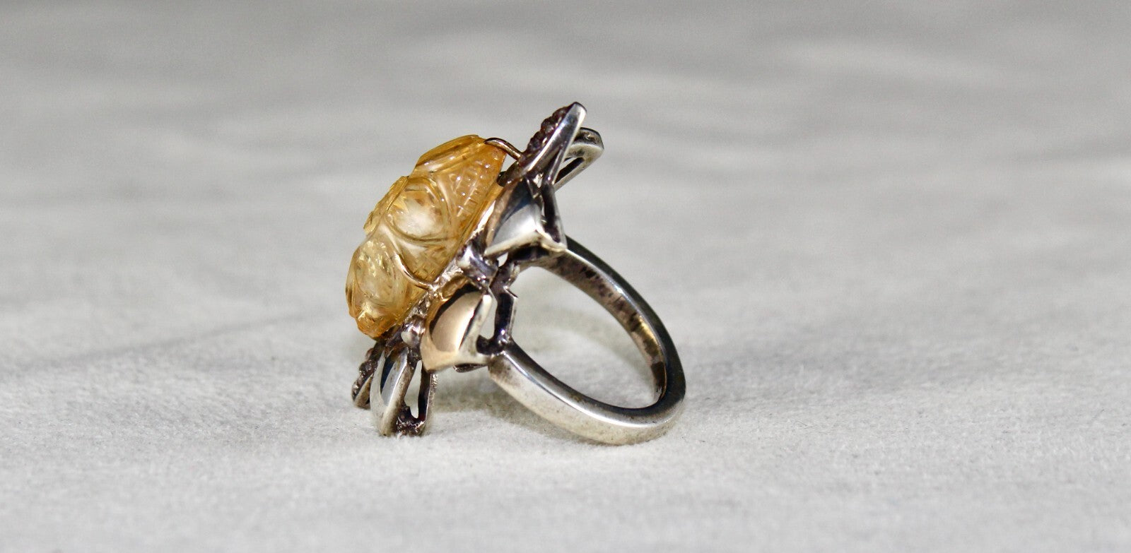 Antique Yellow Citrine 66.2ct Natural Diamond 18k Gold 925 Silver Victorian Ring