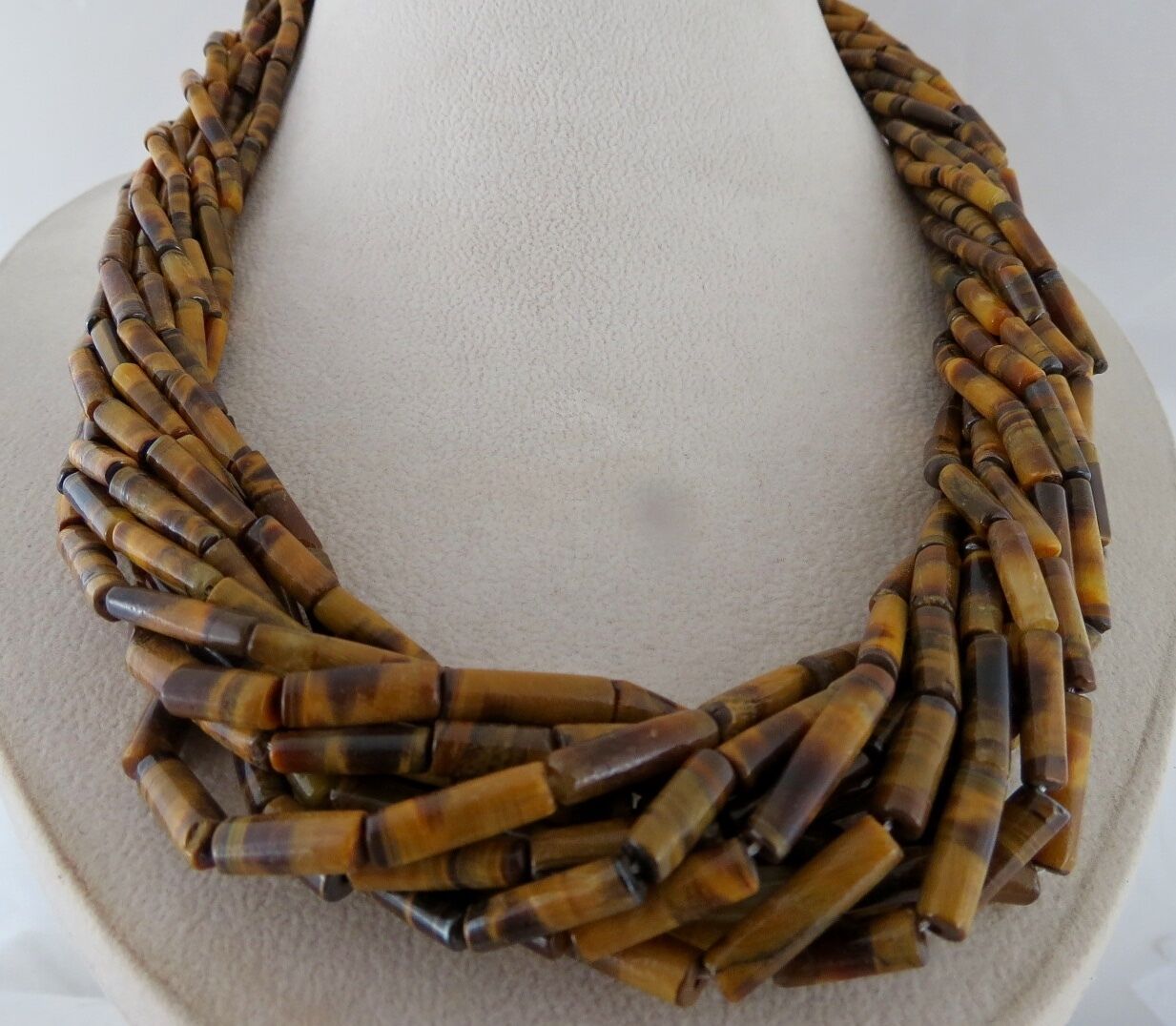 22" NATURAL TIGER'S EYE TUBE SHAPED BEADS 12 LINE 918 CARATS GEMSTONE NECKLACE