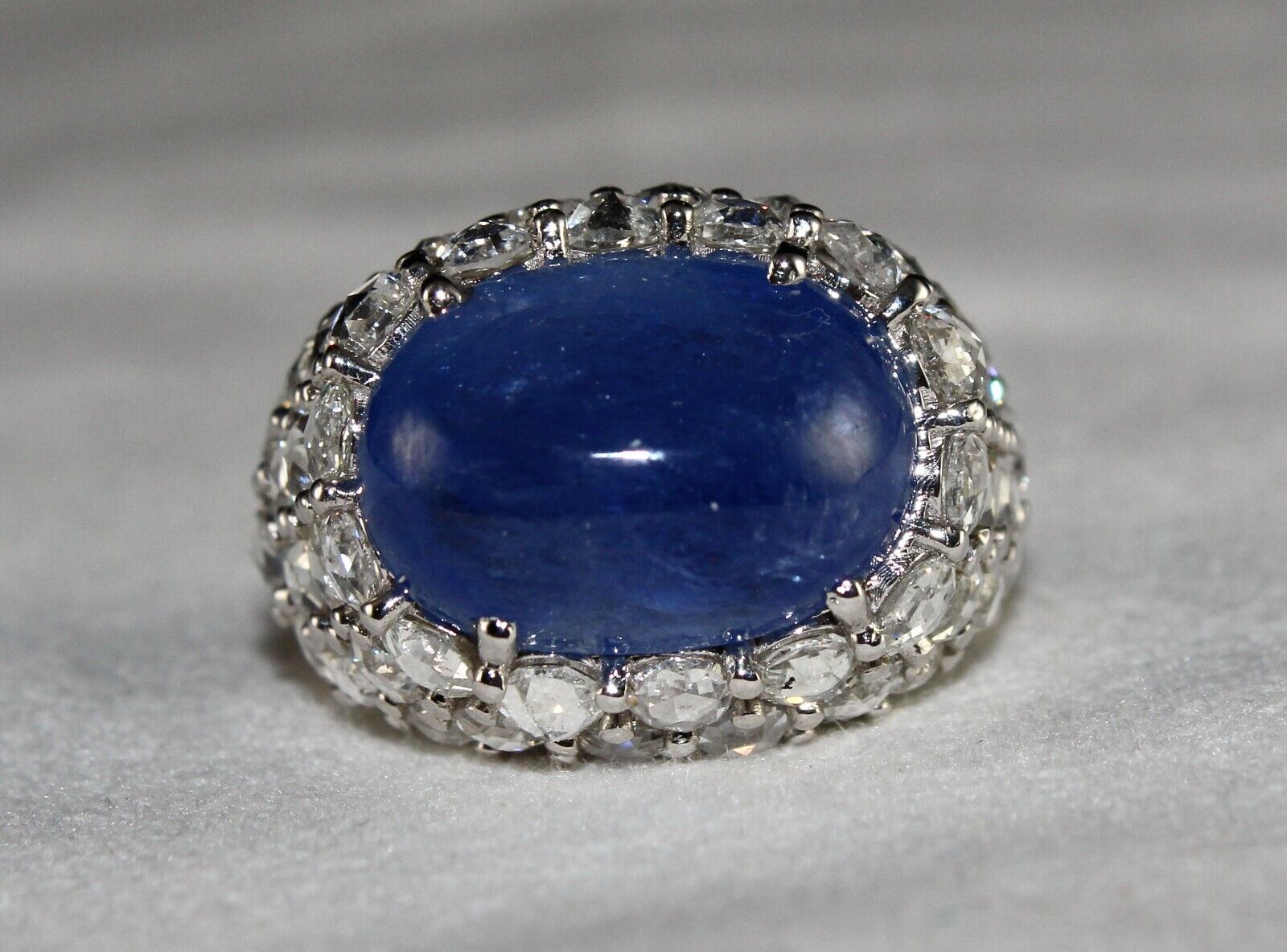 Natural Blue Sapphire Cabochon Rose Cut Diamond Studded 18k Gold Cocktail Ring