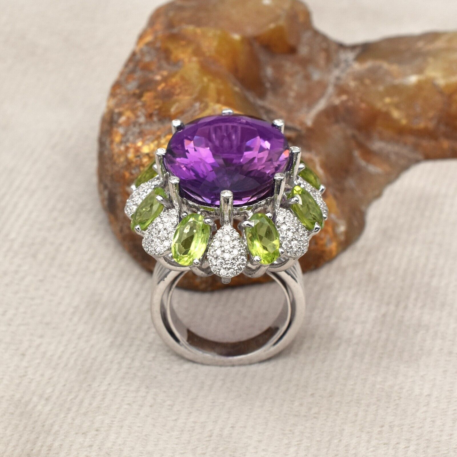 Natural Amethyst Oval Green Peridot Moissanite Cut Sterling Silver Cocktail Ring