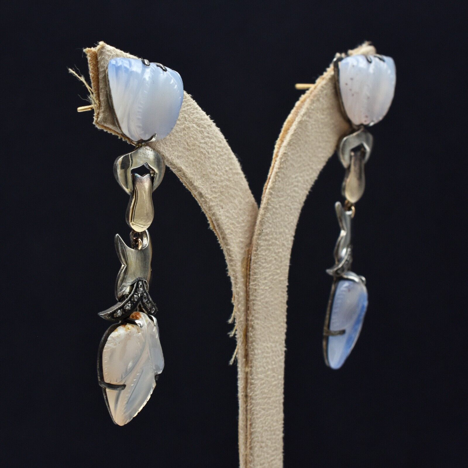 Vintage Blue Chalcedony Carved Diamond 18K Gold Silver Dangle Victorian Earring