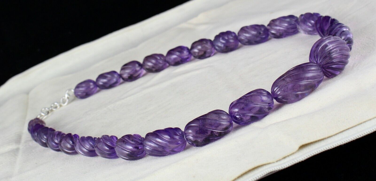 Natural Amethyst Beads Carved Oval Melon 737 Ct Gemstone Silver Vintage Necklace