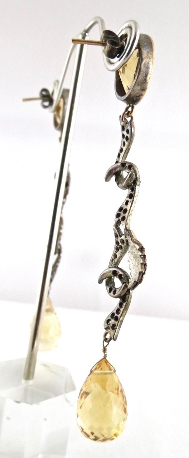Old Antique Yellow Citrine Diamond 18K Gold 925 Silver Victorian Party Earring