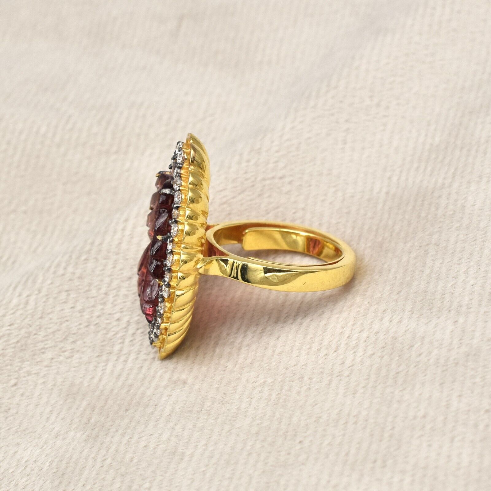 Fine Natural Pink Tourmaline Engraved Leaf Moissanite 925 Silver Statement Ring