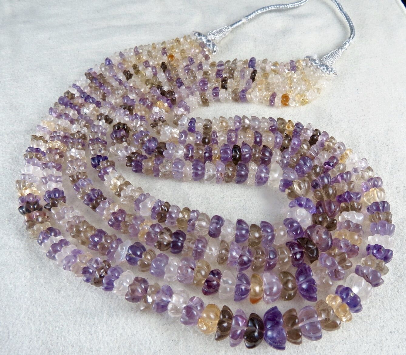 NATURAL MULTI AMETHYST CITRINE QUARTZ CARVED BEADS 4 L 903 CARATS FINE NECKLACE