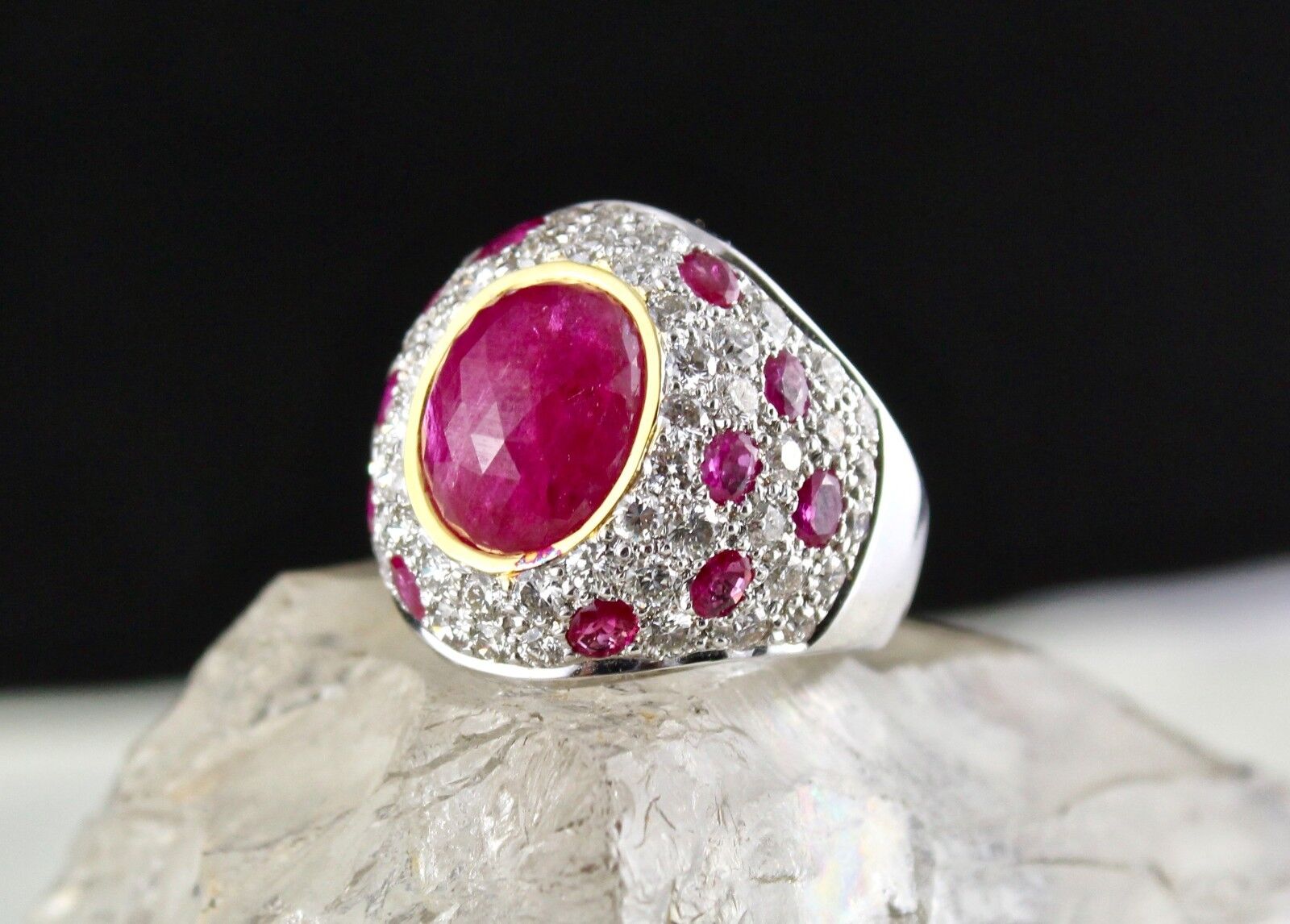 NATURAL NO HEAT BURMESE RUBY CABOCHON WHITE DIAMOND 18K GOLD COLLECTOR RING