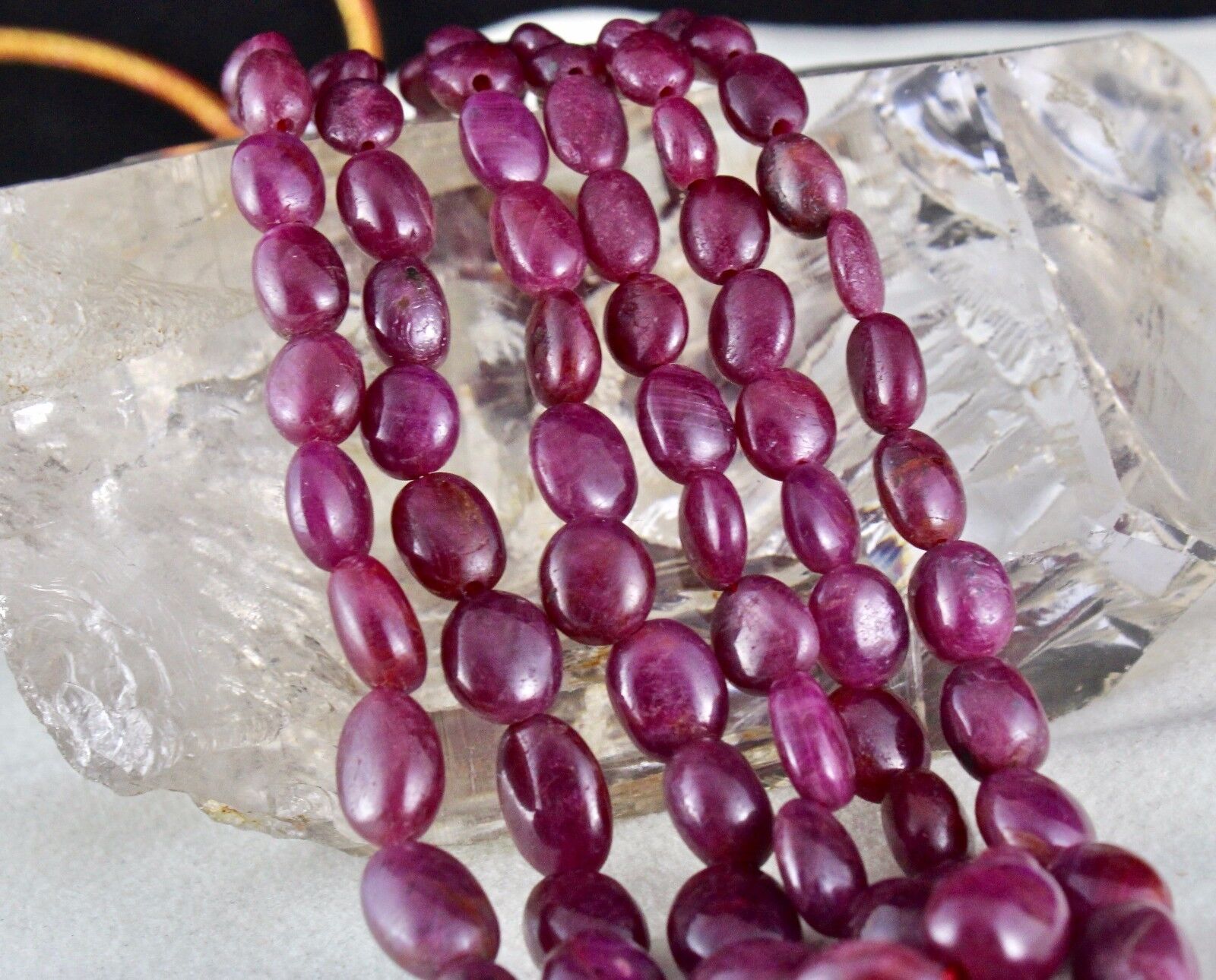 NATURAL UNTREATED RUBY BEADS LONG CABOCHON 3 LINE 568 CARATS GEMSTONE NECKLACE