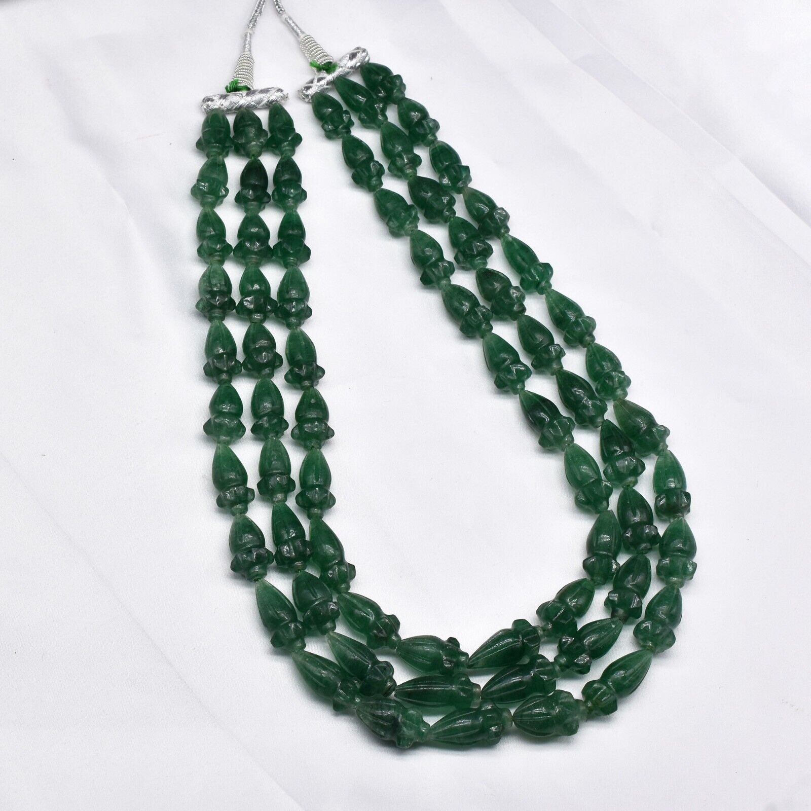 Natural Green Aventurine Quartz Engraved Beaded Necklace 3L 960 Ct Pear Gemstone