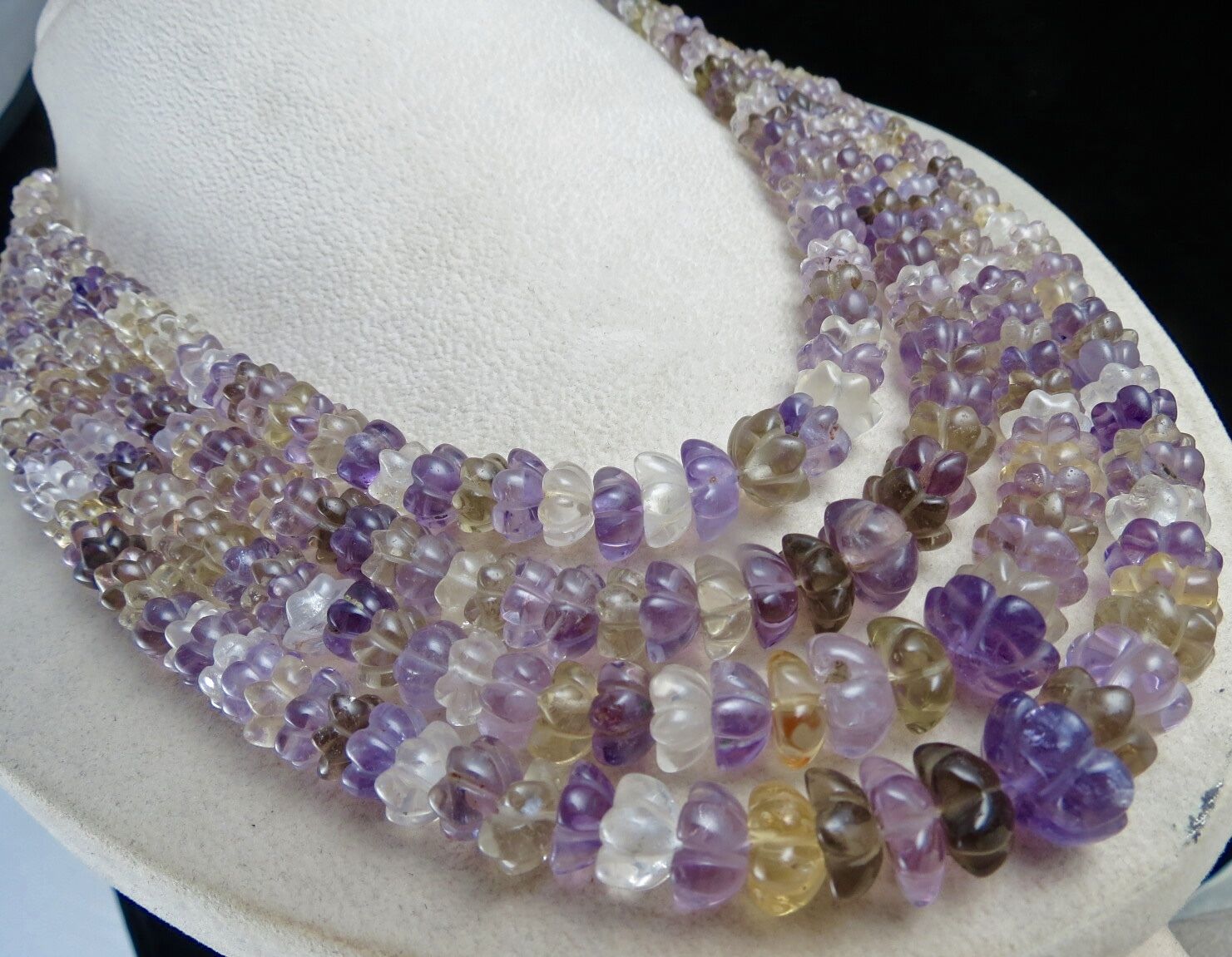 NATURAL MULTI AMETHYST CITRINE QUARTZ CARVED BEADS 4 L 903 CARATS FINE NECKLACE
