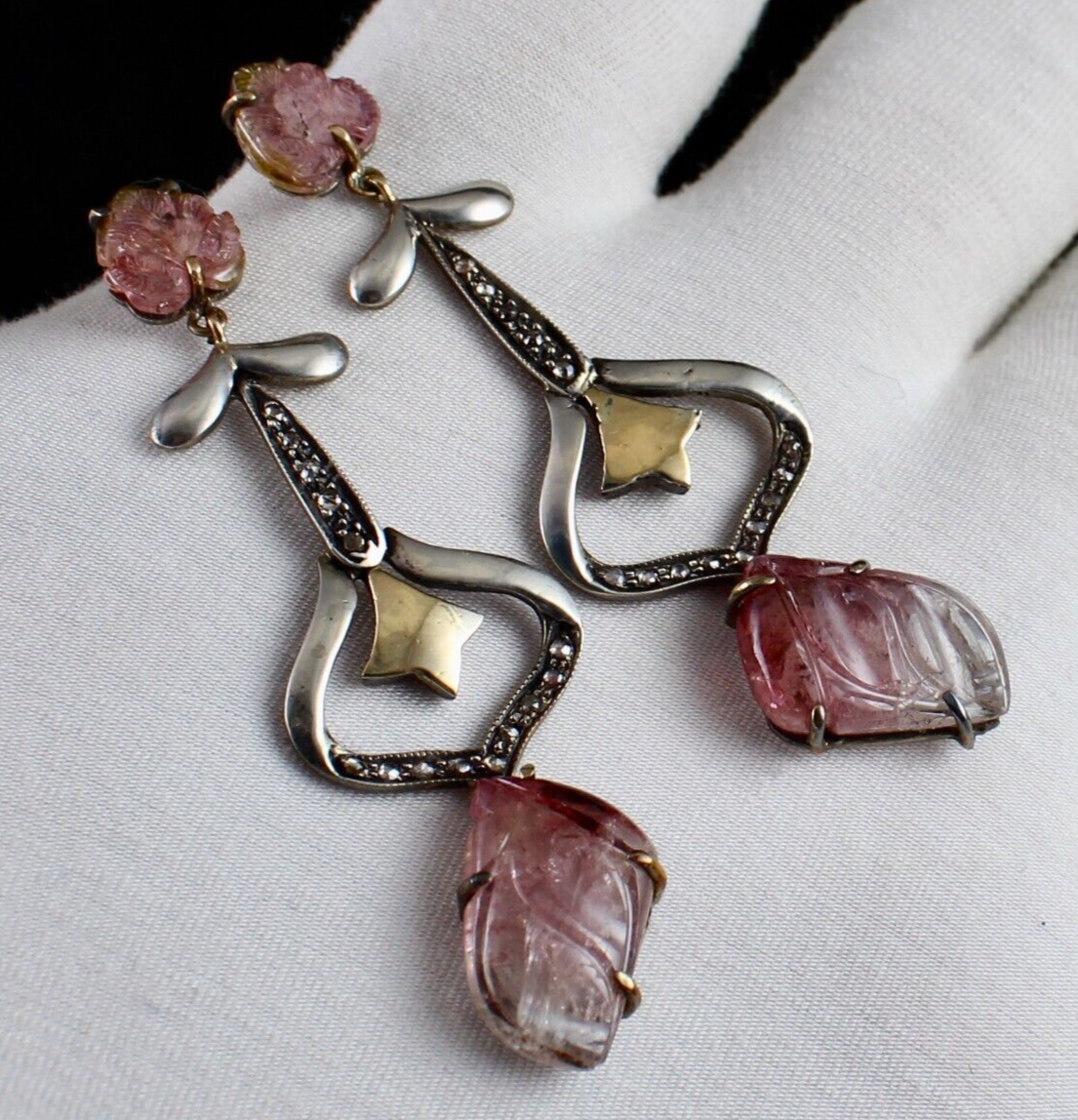 Natural Multi Tourmaline Carved Diamond 18K Gold Silver Victorian Fine Earring