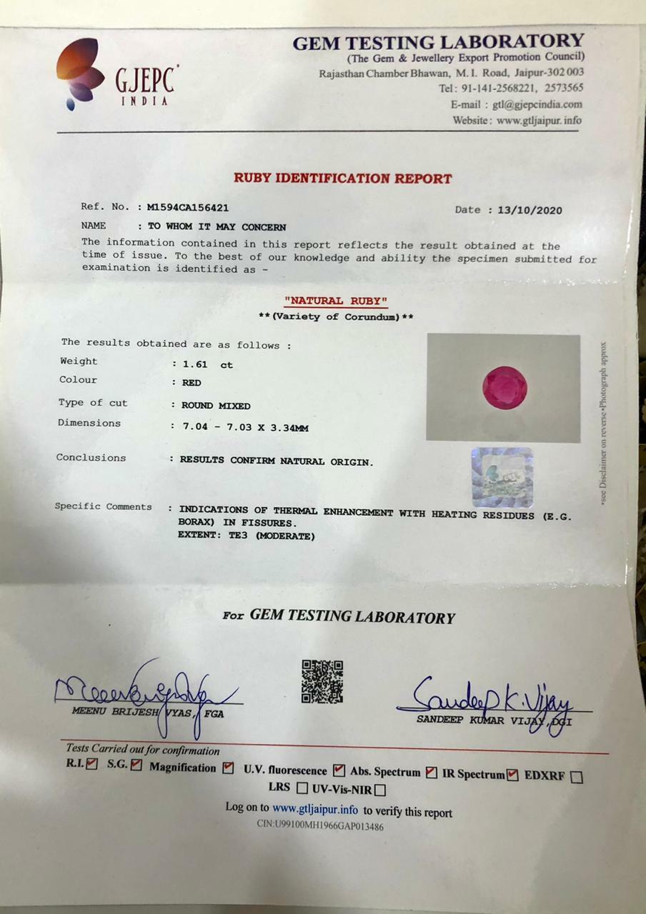 Certified Gtl Heated Burma Natural Ruby 1.61ct Ring/pendant Sterling Silver