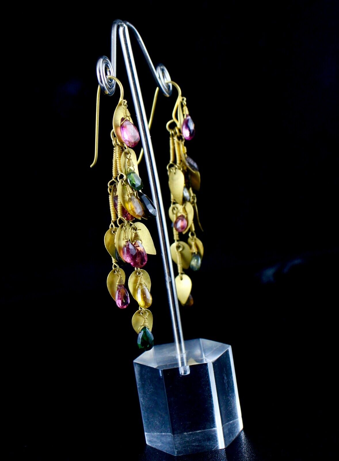 Fine Designer Multi Colour Tourmaline Teardrops 18K Yellow GOLD Leaves Earring
