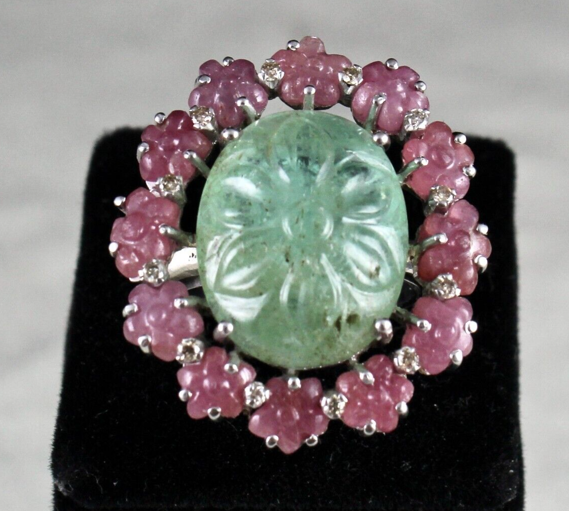 Certified Antique Emerald Ruby Carved 10ct Natural Diamond Sterling Silver Ring
