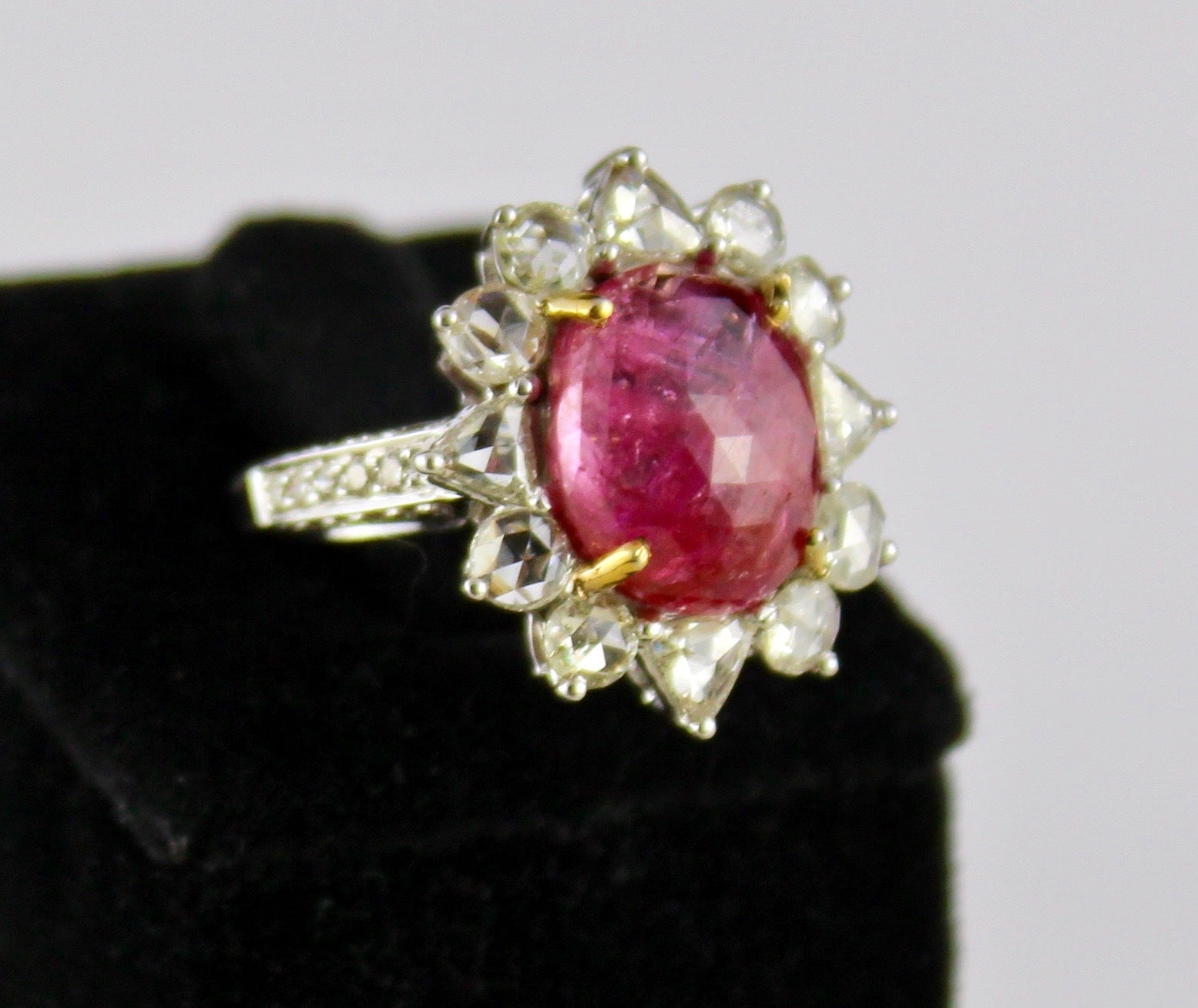 Certified Natural Burma Ruby Cabochon 10ct Diamond 18k White Gold Ring