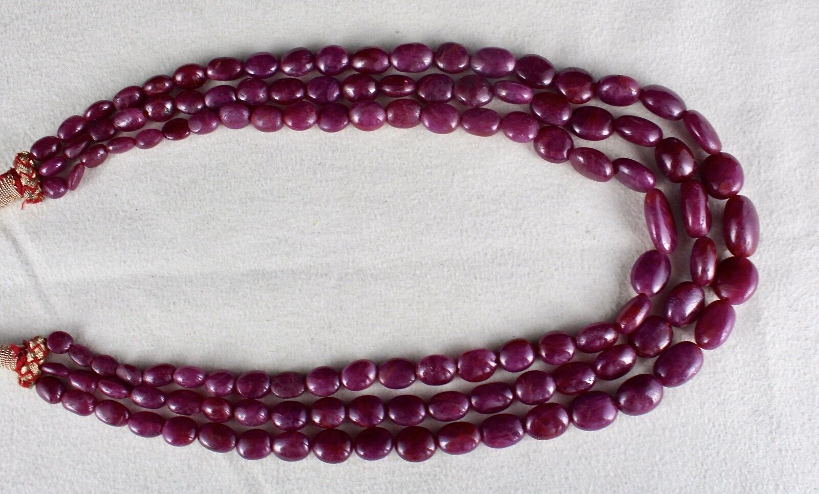 NATURAL UNTREATED RED RUBY BEADS CABOCHON 3 LINE 595 CARATS GEMSTONE NECKLACE