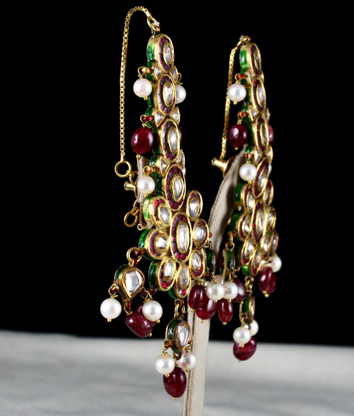 Certified Natural Diamond Spinel Pearl 10ct 22k Gold Jadau Kundan Earrings