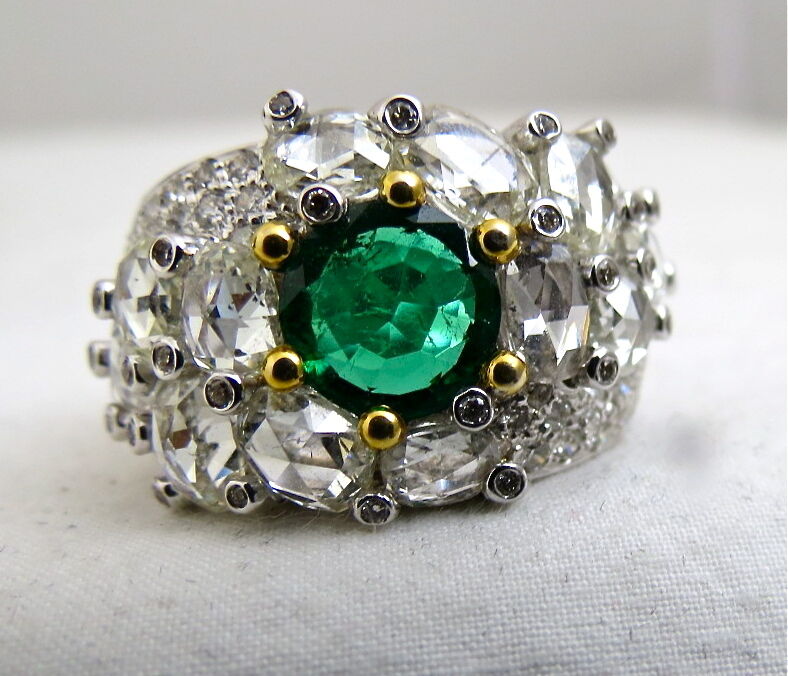 TOP NATURAL ZAMBIAN EMERALD ROUND CUT ROSE CUT DIAMOND 18K GOLD STATEMENT RING