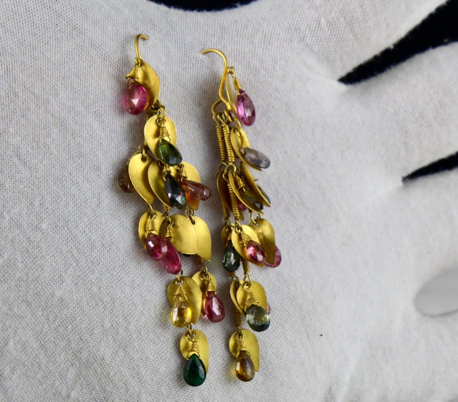 Fine Designer Multi Colour Tourmaline Teardrops 18K Yellow GOLD Leaves Earring