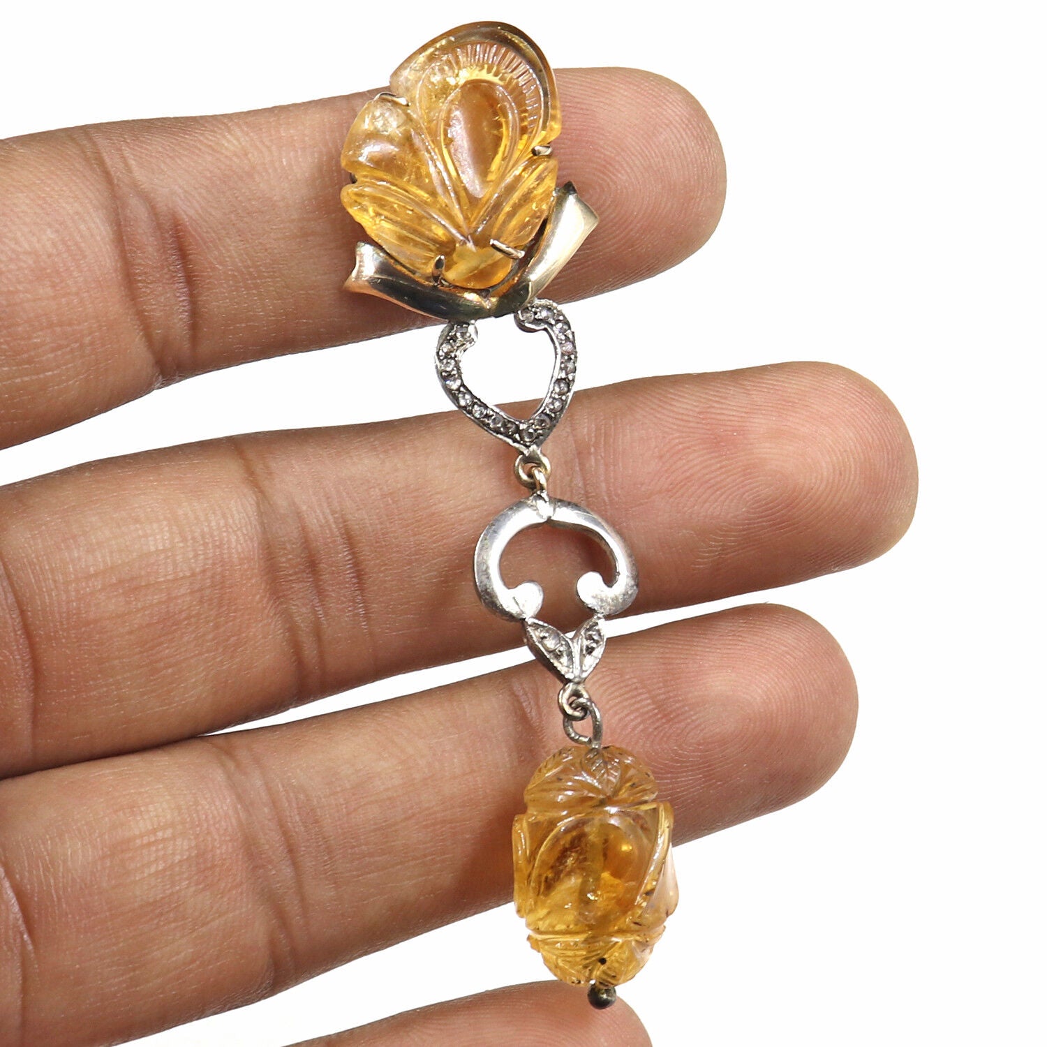 Natural Citrine Carved Diamond 18K Gold 925 Silver Victorian Gemstone Pendant