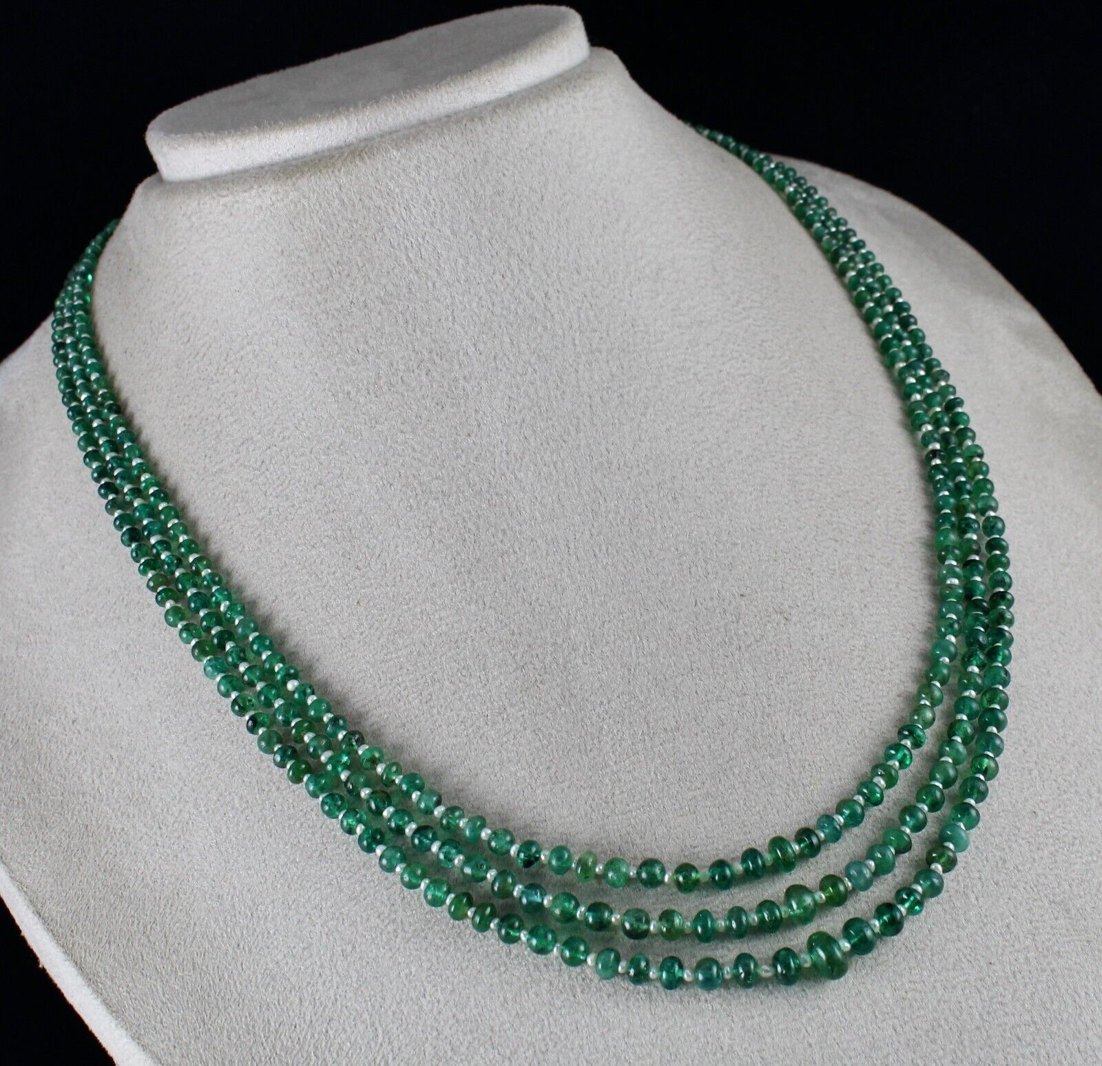 NATURAL ZAMBIA EMERALD PEARL BEADED ROUND 3 LINE 147 CARATS GEMSTONE NECKLACE