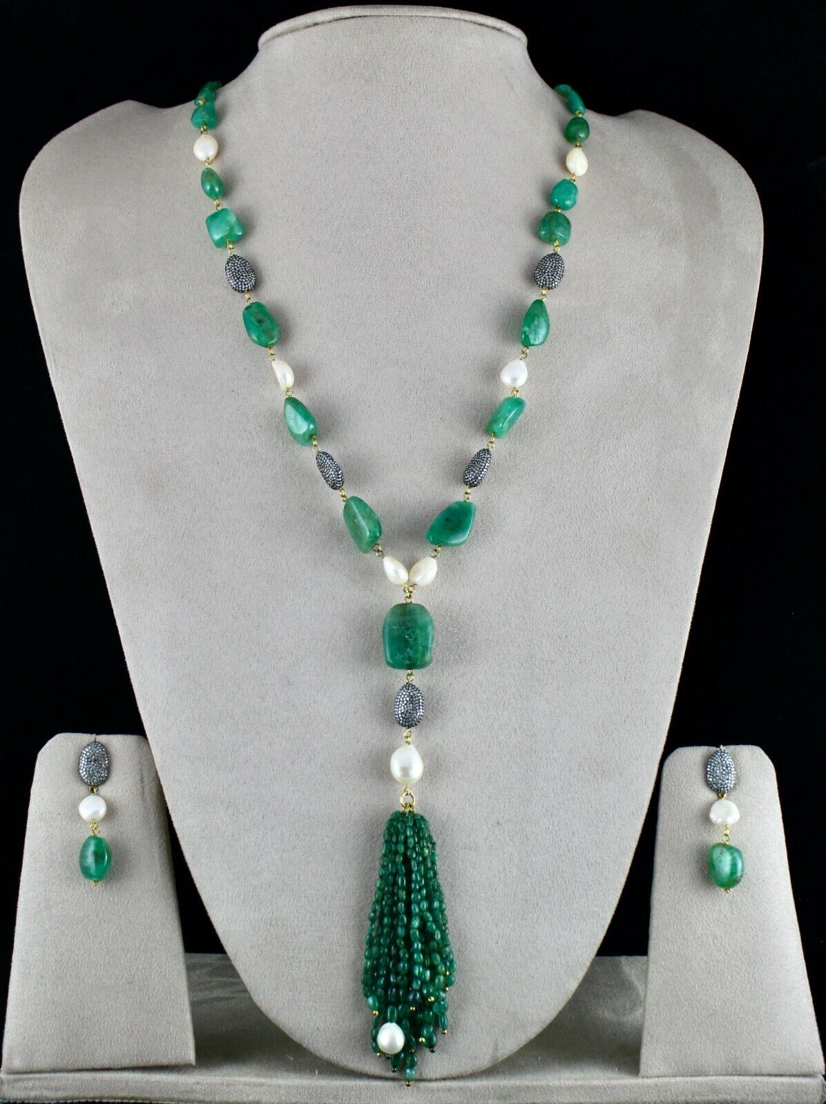 ESTATE NATURAL EMERALD TUMBLE BEADS DIAMOND PEARL 18K GOLD NECKLACE EARRING SET