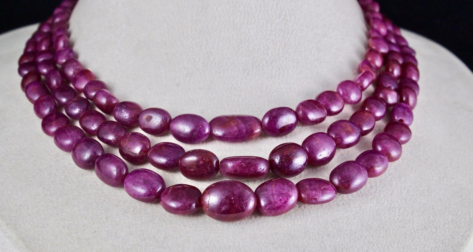 NATURAL UNTREATED RED RUBY BEADS CABOCHON 3 LINE 595 CARATS GEMSTONE NECKLACE