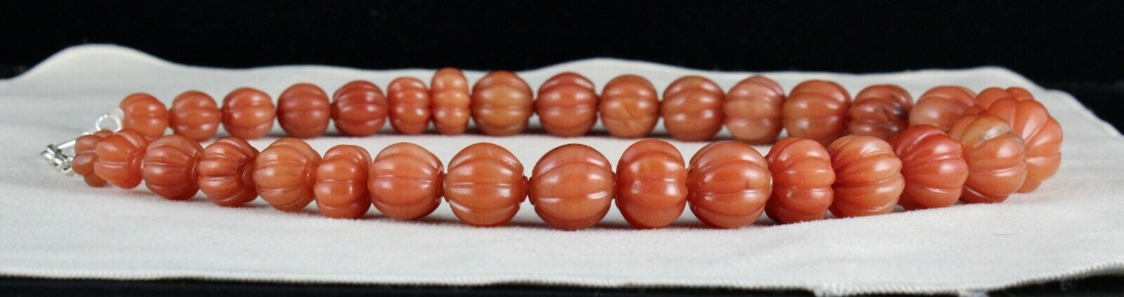 Natural Orange Quartz Carved Melon Beaded Necklace 960 Carats Stone Silver Clasp