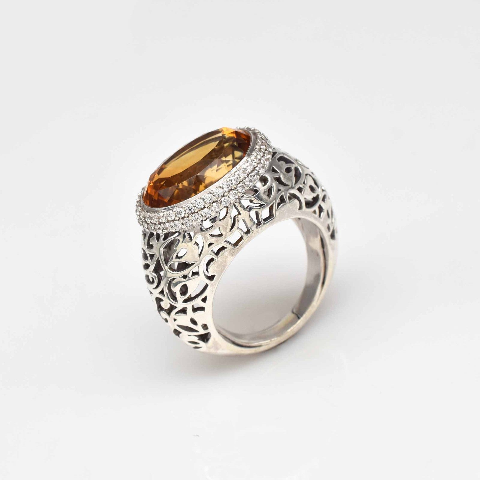 Natural Yellow Citrine Oval Cubic Zirconia Top Gemstone Silver Cocktail Ring