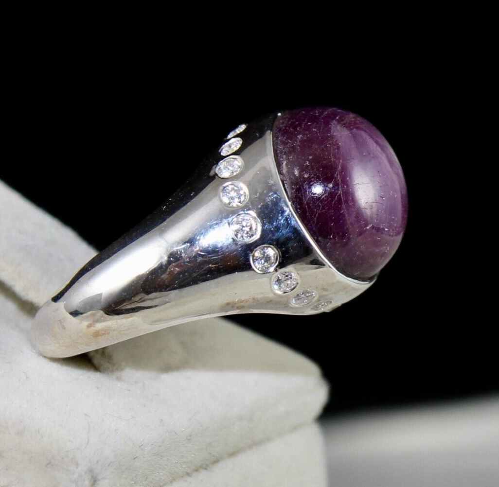 Natural Ruby Star 925 Silver Ring White Moissanite Diamond GemStone Cabochon